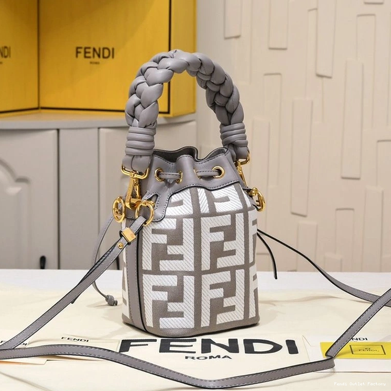 Vintage HOT Tresor Mon Grey Bag Fendi Canvas FF Motif Bucket with In Handle Woven Mini 0813